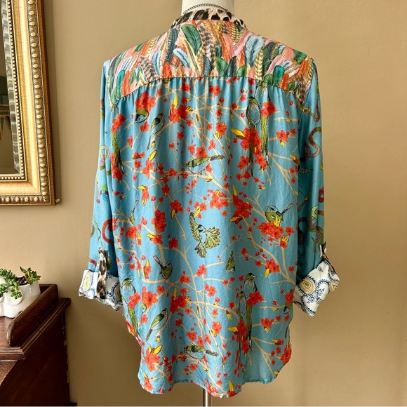 La Prestic Ouiston Romee Silk Blouse Popover Top Mixed Print Bird Snake Leopard - Picture 7 of 16